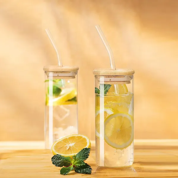 Random_Printed_Square_Glass_Mason_Sipper_with_Airtight_Bamboo_Lid_and_Glass_Straw_Beer_Can_Glasses_Tumbler_for_Fruit_Juice_Milk_Soda_Iced_Tea_Coffee_Hot_&_Cold_Mug,_350ml_(Set_of_2)