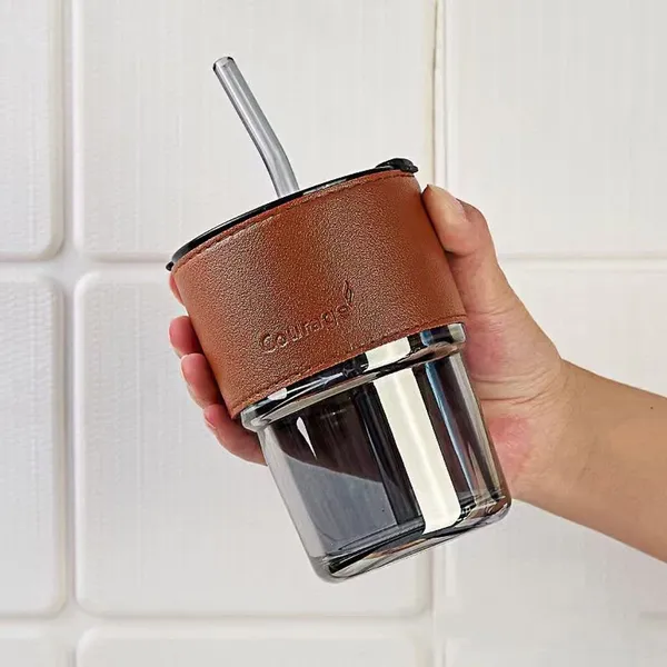 Glass_Tumbler_with_Silicone_Straw_and_Lid_435ml,_Glass_Cup_with_Leather_Sleeve,_Glass_Coffee_Mugs_for_Straw_and_Direct_Drinking_Mouth_Dual_Use,_Summer_Travel_Essential_Bottle_Pack_of_1_(Black)