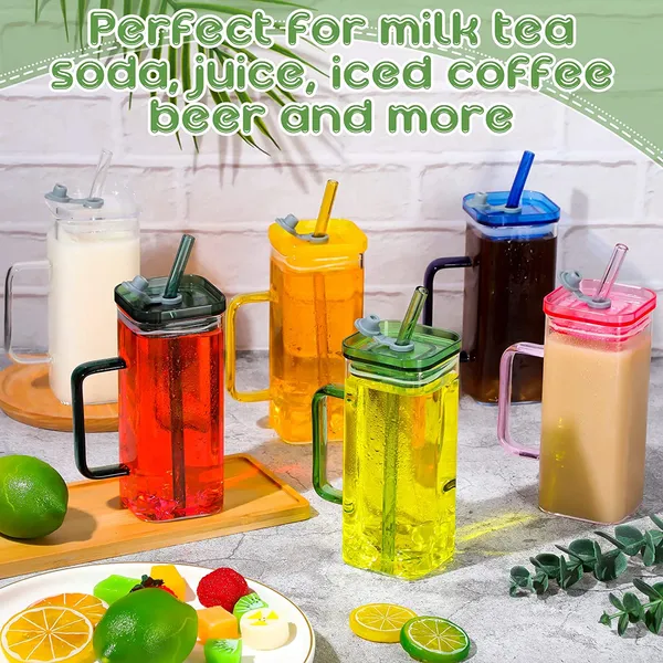 Square_Glass_Cups_with_Lids_and_Straws_Iced_Coffee_Mugs_with_Colored_Handle_400ml_Drinking_Glasses_Wide_Mouth_Glass_Tumbler_for_Home_Office_Summer_Party_(Pack_of_1)