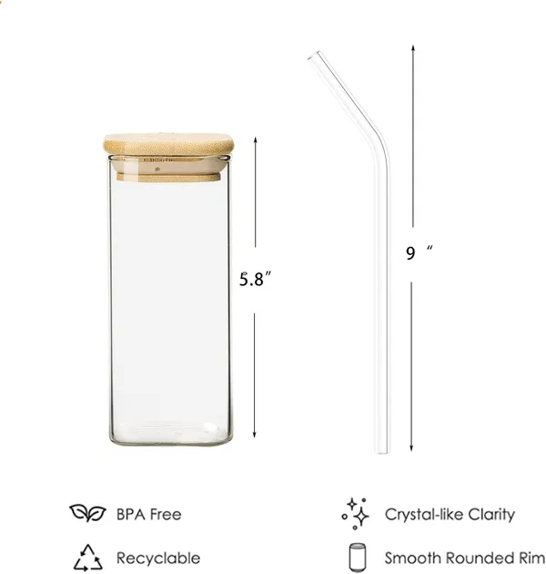 Random_Printed_Square_Glass_Mason_Sipper_with_Airtight_Bamboo_Lid_and_Glass_Straw_Beer_Can_Glasses_Tumbler_for_Fruit_Juice_Milk_Soda_Iced_Tea_Coffee_Hot_&_Cold_Mug,_350ml_(Set_of_1)
