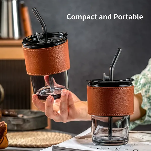 Glass_Reusable_Coffee_Mug_with_Heat_Resistant_Leather_Band_Glass_Tumbler_with_Straw_and_Leakproof_Lid_Drinking_Cup_Set_of_2_for_Coffee,_Tea,_Milk_Hot_&_Cold_Beverages_435ml_(Gray)