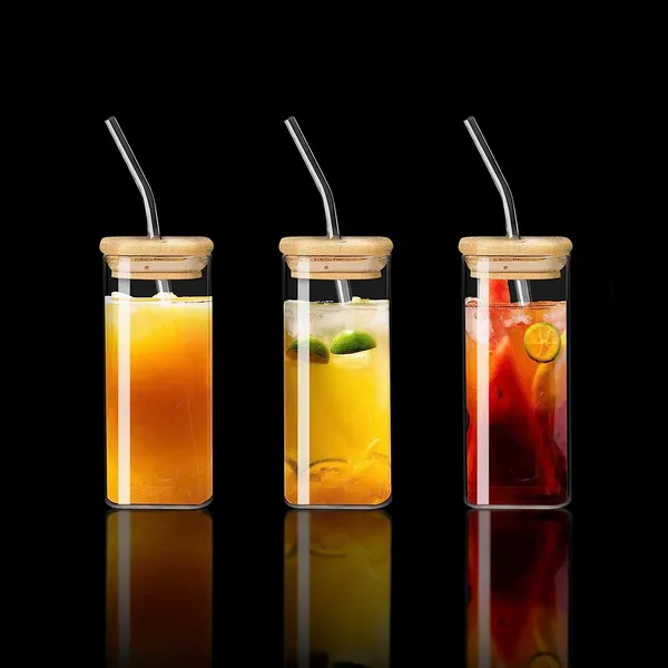 Random_Printed_Square_Glass_Mason_Sipper_with_Airtight_Bamboo_Lid_and_Glass_Straw_Beer_Can_Glasses_Tumbler_for_Fruit_Juice_Milk_Soda_Iced_Tea_Coffee_Hot_&_Cold_Mug,_350ml_(Set_of_1)