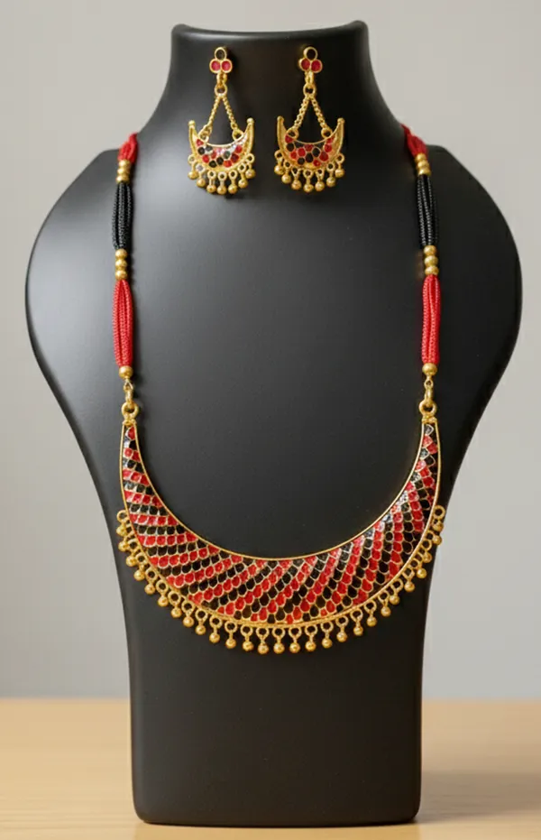 Assamese_Traditional_Gold_Plated_Red_Black_Meenakari_Junbiri_Tassel_Jewellery_Set