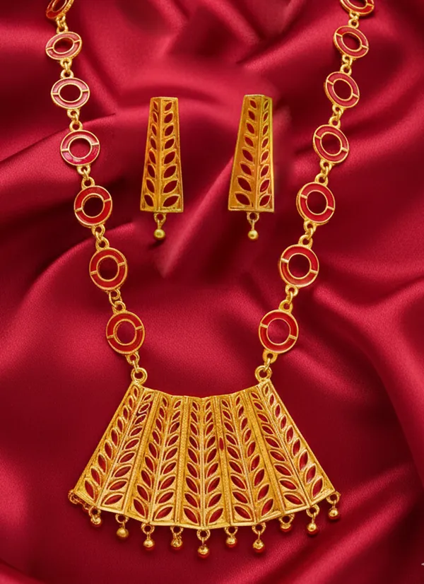 Assamese_Traditional_Gold_Plated_Red_Colour_Chain_Jewellery_Set_For_Women_&_Girls