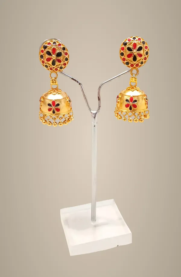Assamese_Traditional_Copper_Gold_Plated_Red_Black_Colour_Jhumka_Earring_For_Girls_&_Women