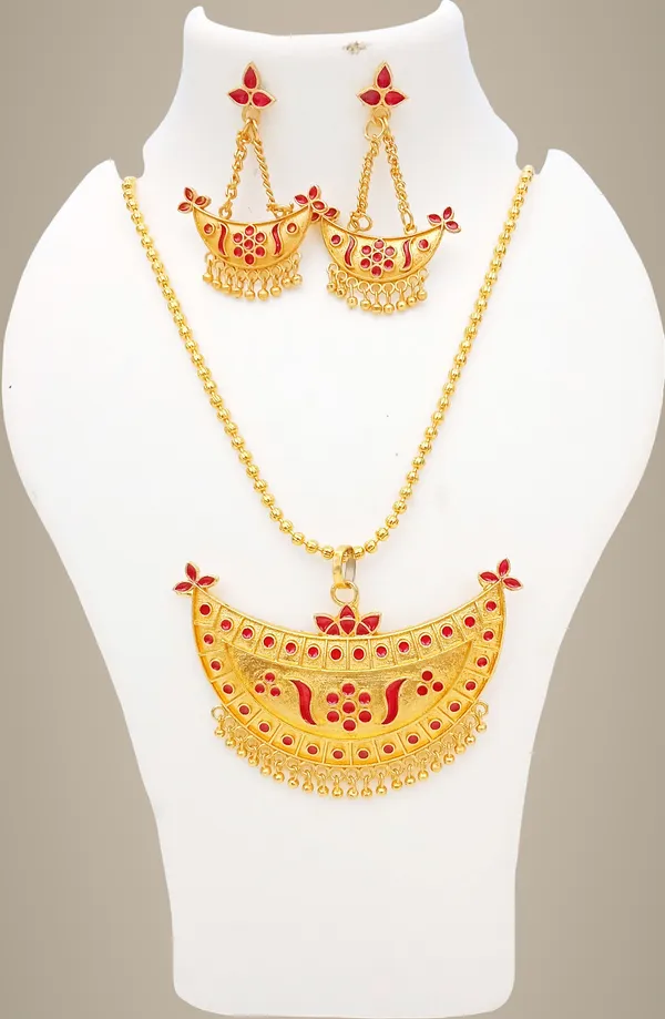 Assamese_Traditional_Gold_Plated_Red_Colour_Joonbiri_Chain_Jewellery_Set_For_Women_&_Girls