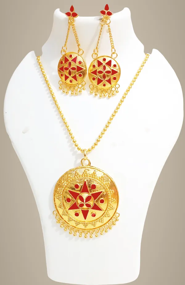 Assamese_Traditional_Gold_Plated_Red_Colour_Japi_Chain_Jewellery_Set_For_Women_&_Girls