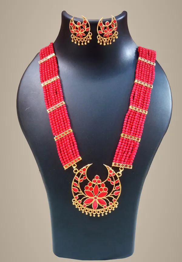 Assamese_Traditional_Gold_Plated_Red_Colour_Joonbiri_Tassel_Jewellery_Set_For_Women_And_Girl