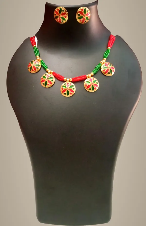 Assamese_Traditional_Red-Green_Colour_Golpata_Jewellery_Set_For_Women