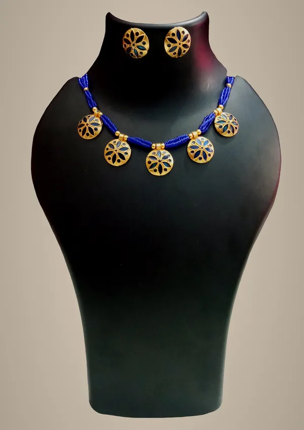 Assamese_Traditional_Gold_Plated_Blue_Colour_Golpata_Necklace_Set_For_Women_&_Girls