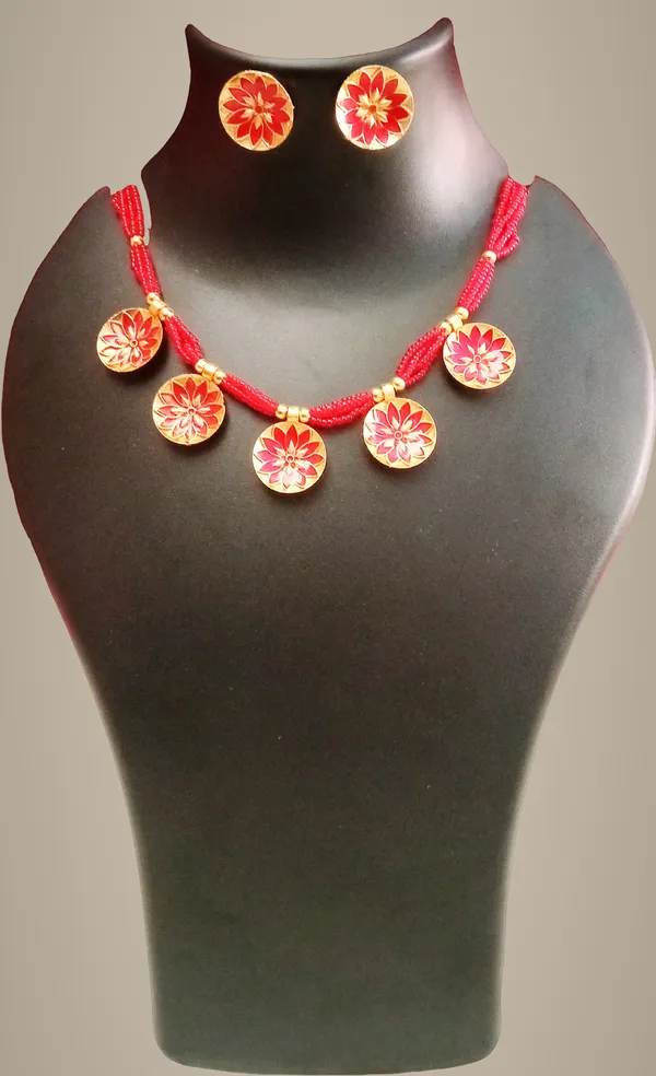 Assamese_Traditional_Gold_Plated_Red_Colour_Golpata_Necklace_Set_For_Women