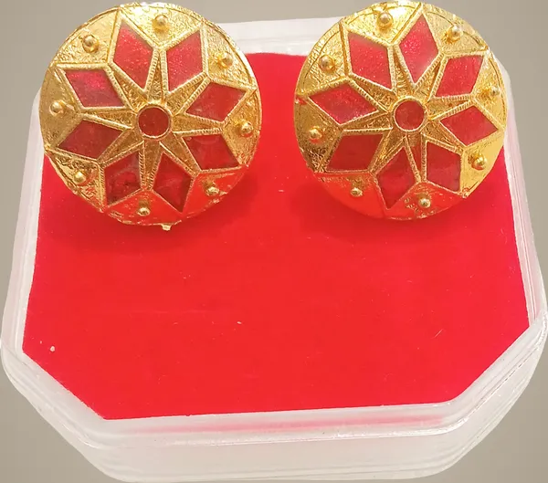 Assamese_Traditional_Copper_Gold_Plated_Red_Colour_Japi_Earring_Set_For_Girls_&_Women