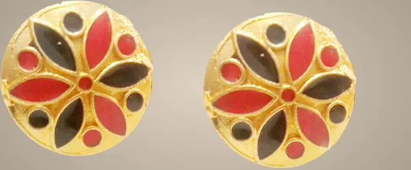 (Pack_Of_2)_Assamese_Traditional_Copper_Gold_Plated_Red_Black_Colour_Japi_Design_Earring_Stud_Set_For_Girls_&_Women