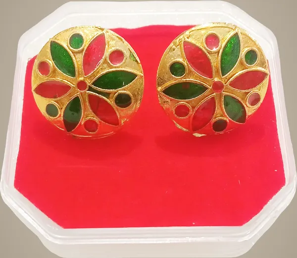 (Pack_Of_2)_Assamese_Traditional_Copper_Gold_Plated_Red_Green_Colour_Earring_Set_For_Girls_&_Women