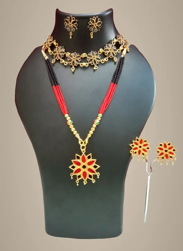 Assamese_Traditional_Gold_Plated_Red_Black_Colour_Combo_Jewellery_Set_For_Women_&_Girls