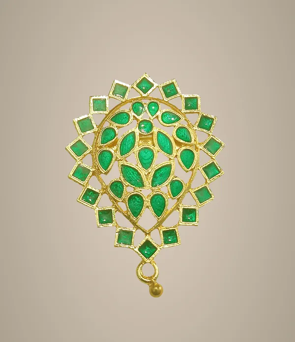 (Pack_Of_2)_Assamese_Traditional_Gold_Plated_Green_Meenakari_Brooch_/Saree_Pin