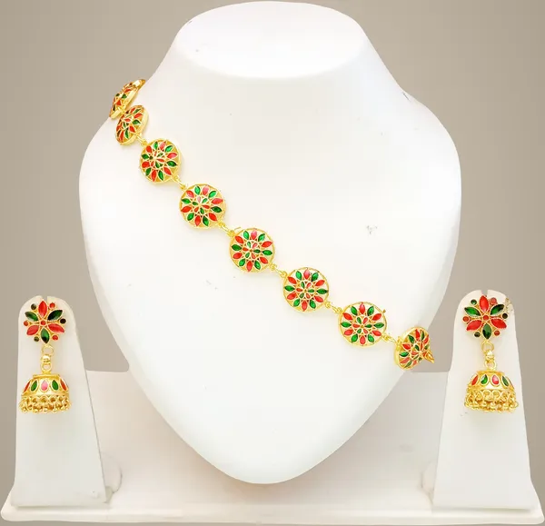 Assamese_Traditional_Red_Green_Colour_Japi_Design_Golpata_Necklace_Set_For_Women