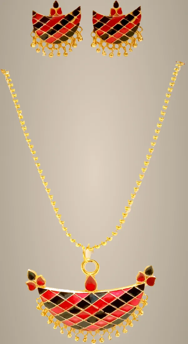 Assamese_Traditional_Gold_Plated_Red_Black_Colour_Joonbiri_Chain_Jewellery_Set_For_Women