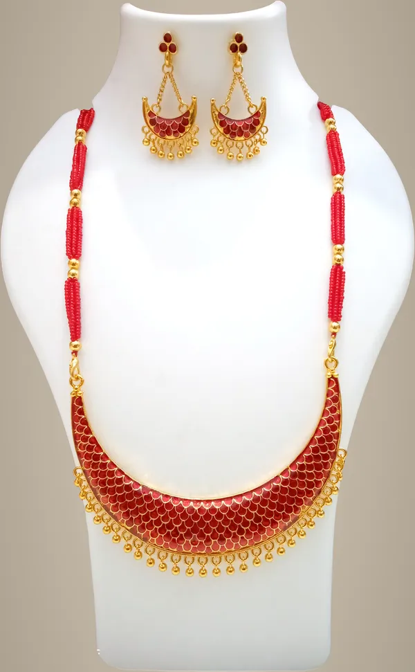 Assamese_Traditional_Gold_Plated_Red_Colour_Joonbiri_Tassel_Jewellery_Set_For_Women