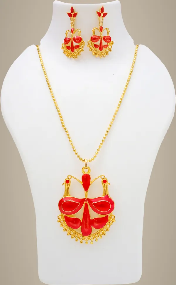 Assamese_Traditional_Gold_Plated_Red_Colour_Mayur_Design_Chain_Jewellery_Set_For_Women