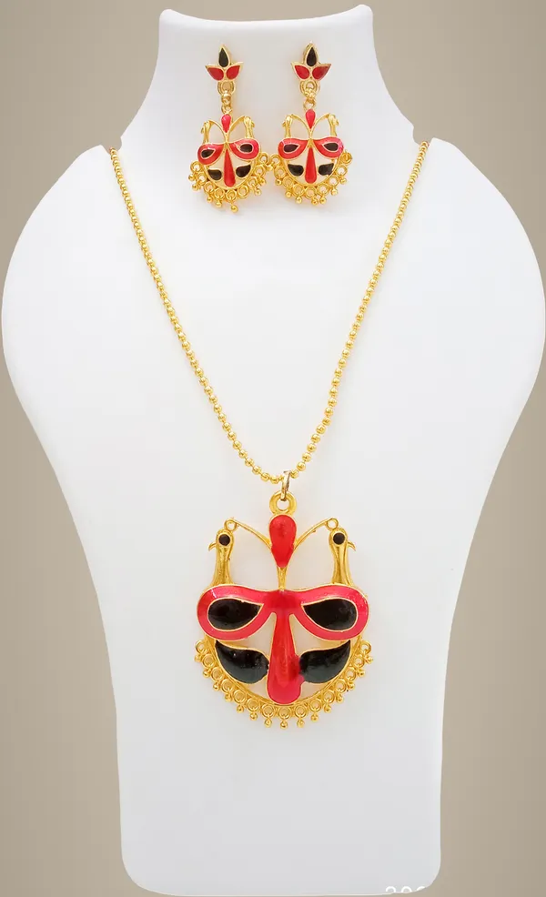 Assamese_Traditional_Gold_Plated_Red_Black_Mayur_Design_Chain_Jewellery_Set_For_Women