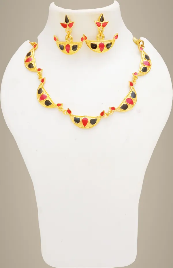 Assamese_Traditional_Gold_Plated_Red_Black_Colour_Golpata_Necklace_Set_For_Women