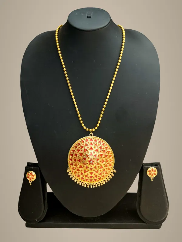 Assamese_Traditional_Red_Big_Japi_Top_Earring_With_Goti_Chain