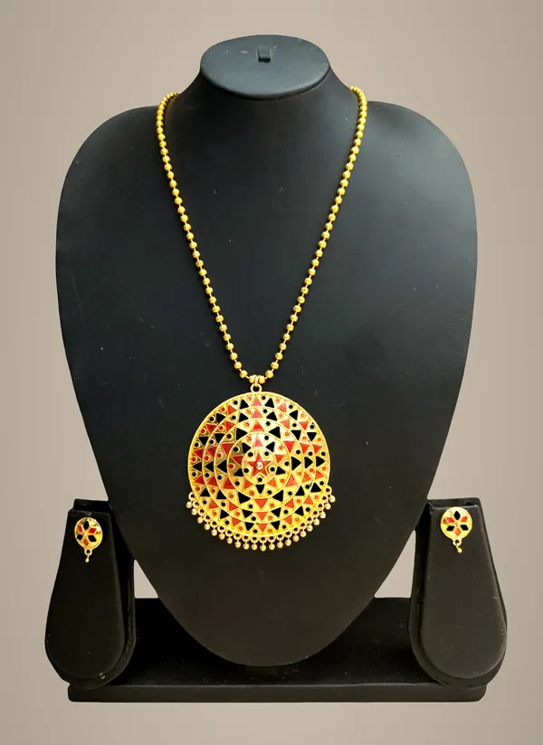 Assamese_Traditional_Red_Black_Big_Japi_Top_Earring_With_Goti_Chain