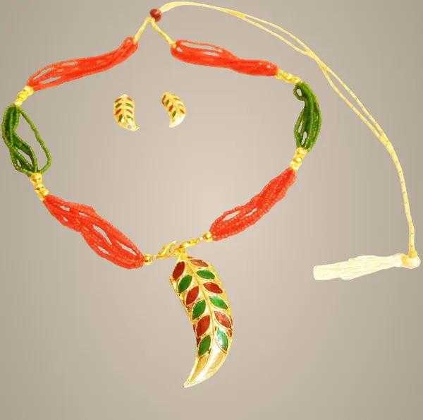 Assamese_Traditional_Gold_Plated_Red_Green_Colour_Pendant_Tassel_Set_For_Women