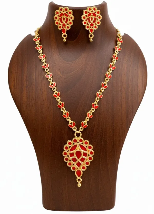 Assamese_Traditional_Gold_Plated_Red_Meenakari_Dugdugi_Chain_Jewellery_Set_For_Women