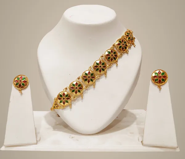 Assamese_Traditional_Gold_Plated_Red_Green_Colour_Golpata_Necklace_Set_For_Women