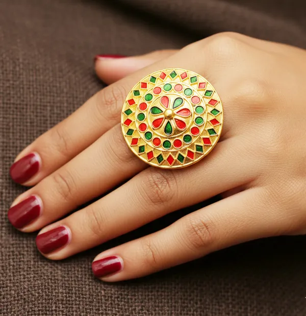 Assamese_Traditional_Copper_Gold_Plated_Red_Green_Colour_Finger-Ring_For_Girls_&_Women