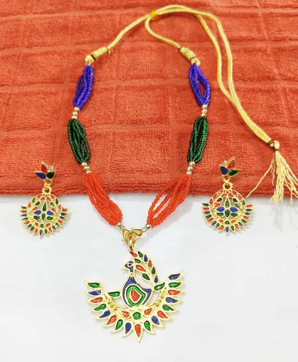 Assamese_Traditional_Gold_Plated_Multicolor_Mayur_Design_Joonbiri_Tassel_Jewellery_Set_For_Women_&_Girls