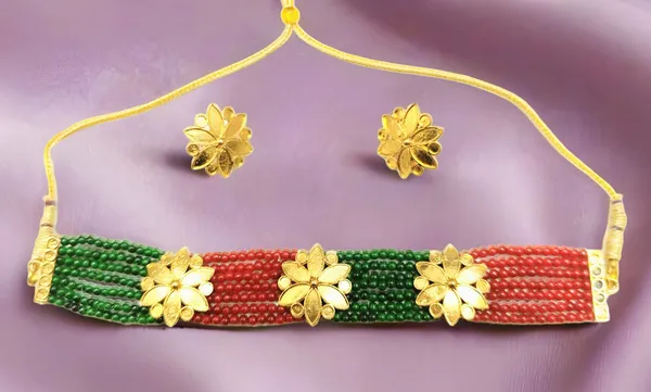Assamese_Traditional_Gold_Plated_Red_Green_Colour_Golpata_Necklace_Set_For_Women_&_Girls