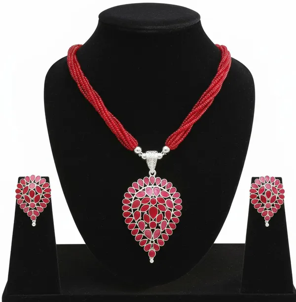 Assamese_Traditional_Red_Colour_Silver-Dugdugi_Tassel_Jewellery_Set_For_Women_&_Girl
