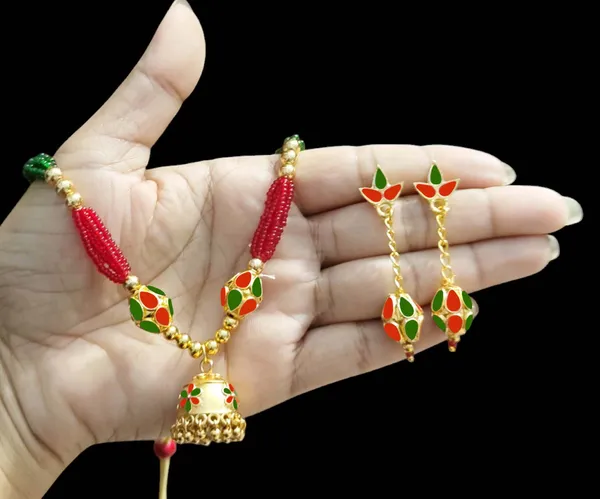 Assamese_Traditional_Red_Green_Monimala_Jhumka_Jewellery_Set