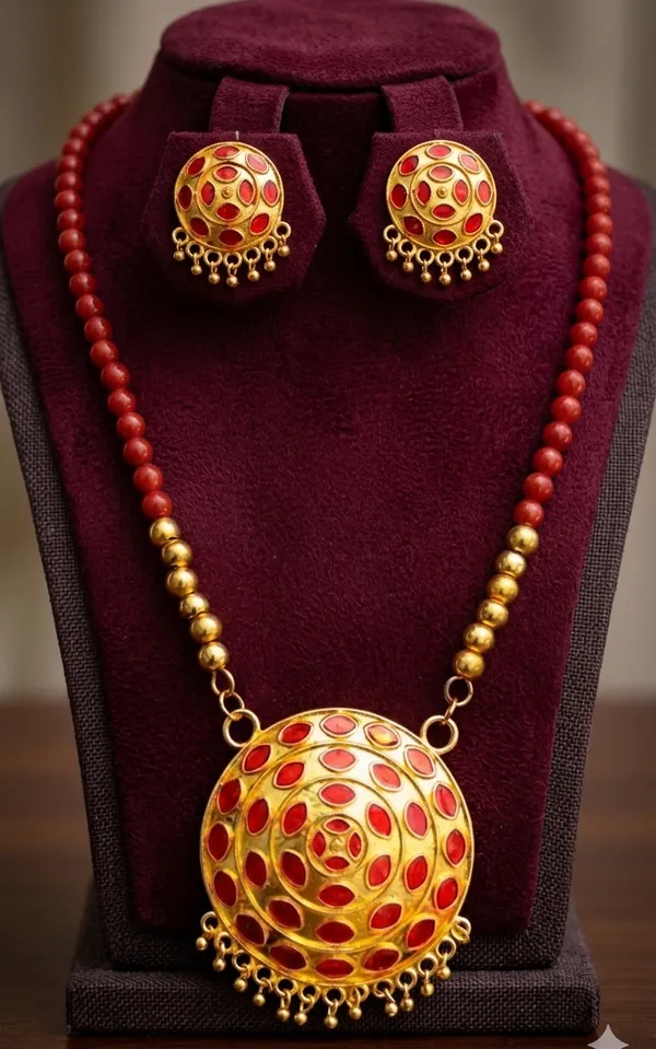 Assamese_Traditional_Copper_Based_Red_Japi_Red_Moni_Tassel_Jewellery_Set