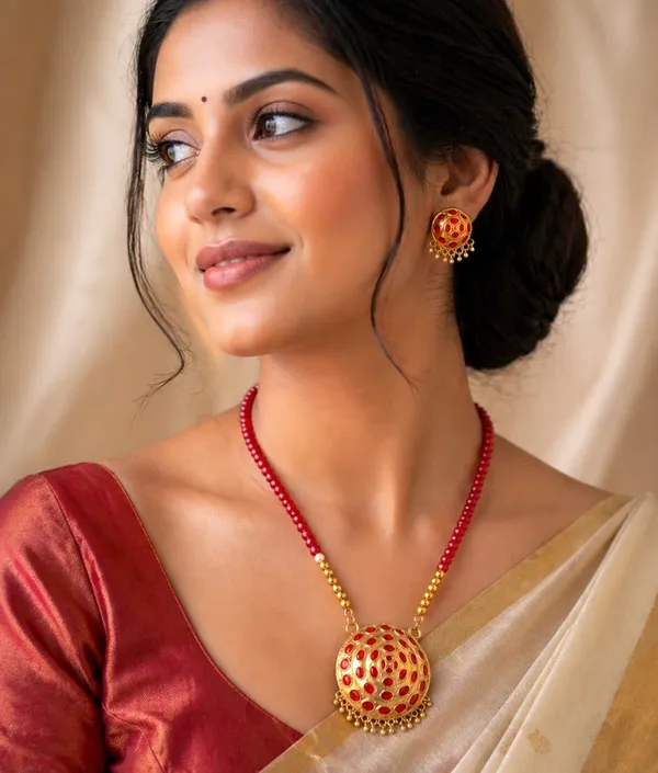 Assamese_Traditional_Copper_Based_Red_Japi_Red_Moni_Tassel_Jewellery_Set