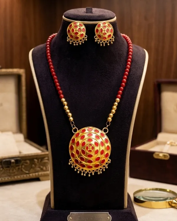 Assamese_Traditional_Copper_Based_Red_Japi_Red_Moni_Tassel_Jewellery_Set