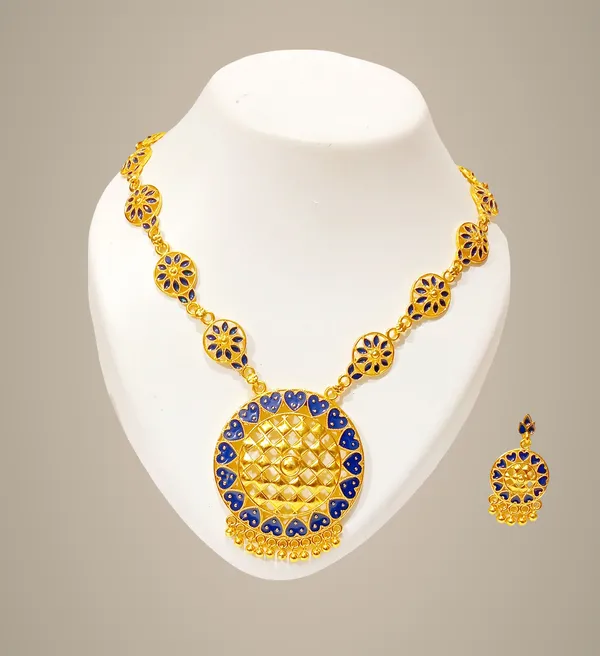 Assamese_Traditional_Gold_Plated_Blue_Colour_Japi_Chain_Jewellery_Set_For_Women_&_Girls