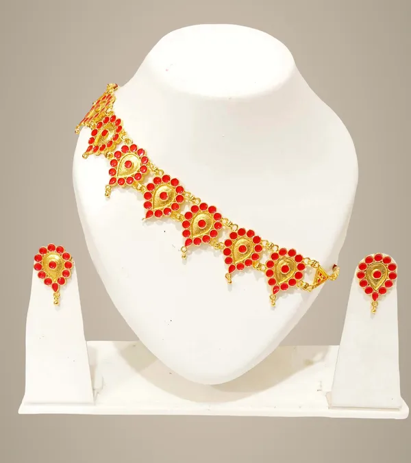 Assamese_Traditional_Gold_Plated_Red_Colour_Golpata_Necklace_Set_For_Women