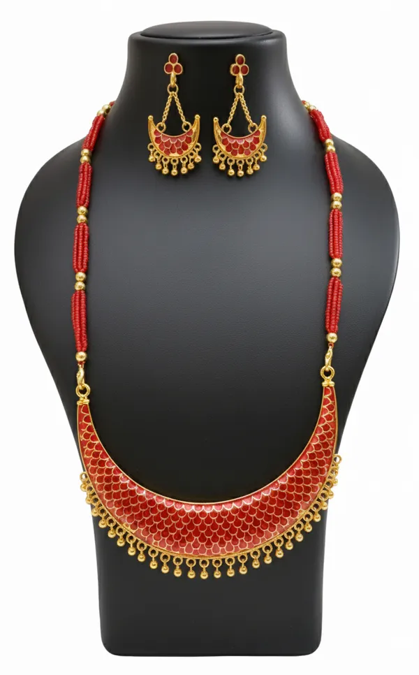 Assamese_Traditional_Gold_Plated_Red_Colour_Joonbiri_Tassel_Jewellery_Set_For_Women