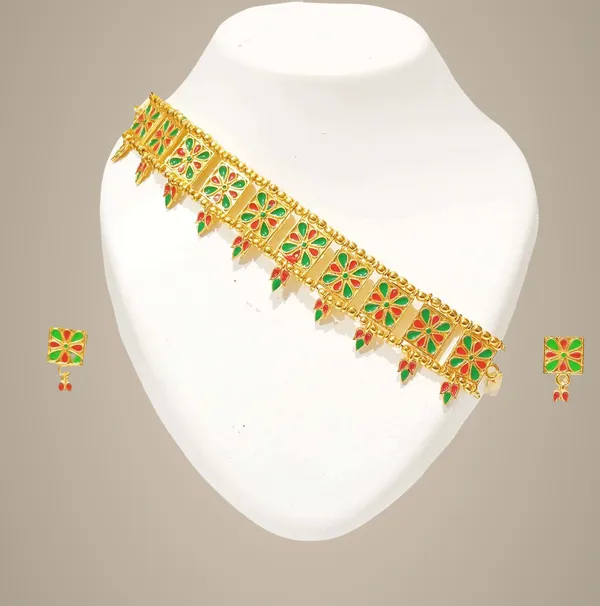 Assamese_Traditional_Gold_Plated_Red_Green_Colour_Golpata_Necklace_Set_For_Women