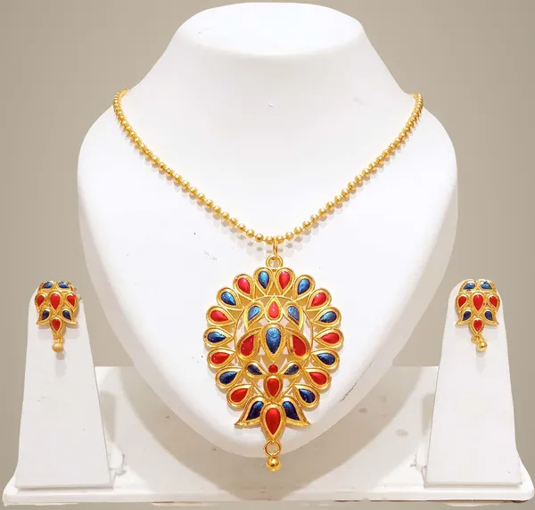 Assamese_Traditional_Gold_Plated_Red_Blue_Colour_Dugdugi_Chain_Jewellery_Set_For_Women