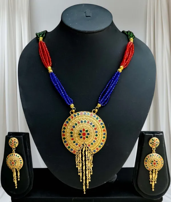 Copper_Based_Assamese_Traditional_Gold_Plated_Multi_Color_Meenakari_Japi_Tassel_Jewellery_Set_For_Women_&_Girls