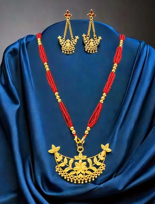 Assamese_Traditional_Gold_Plated_With_Red_Tassel_Junbiri_Jewellery_Set_For_Women_&_Girls