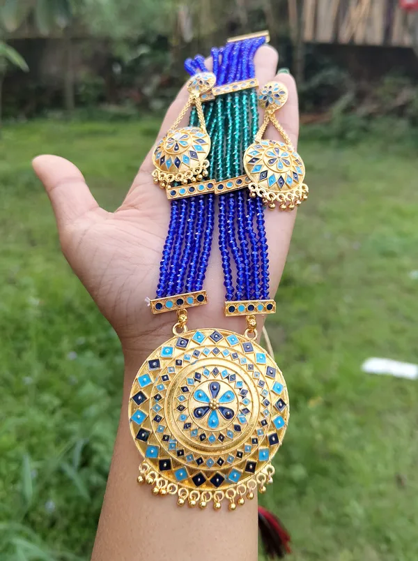 Assamese_Traditional_Copper_Based_Gold_Plated_Blue_Meenakari_Japi_Tassel_Jewellery_Set_For_Women_&_Tassel