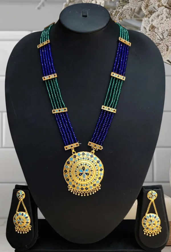 Assamese_Traditional_Copper_Based_Gold_Plated_Blue_Meenakari_Japi_Tassel_Jewellery_Set_For_Women_&_Tassel