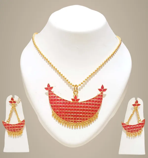 (Pack_Of_2)_Assamese_Traditional_Gold_Plated_Red_Colour_Joonbiri_Chain_Jewellery_Set_For_Women