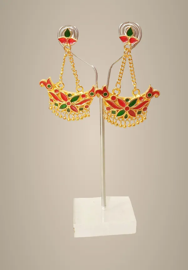 Assamese_Traditional_Copper_Gold_Plated_Red_Green_Colour_Jhumki_Earring_For_Girls_&_Women